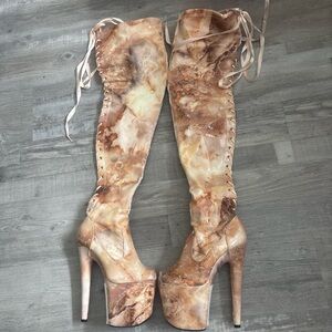 Women’s Marble-Print Lace-Up Over-the-Knee Platform Boots - Beige
